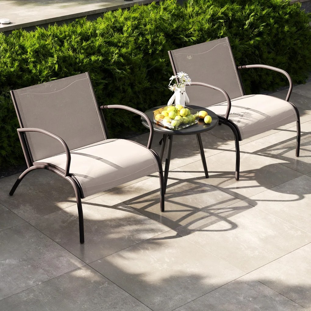 Conjunto jardim de 3 peças com 2 cadeiras com assento em tecido curvo e mesa de café redonda 81 x 63 x 73 cm Castanho claro