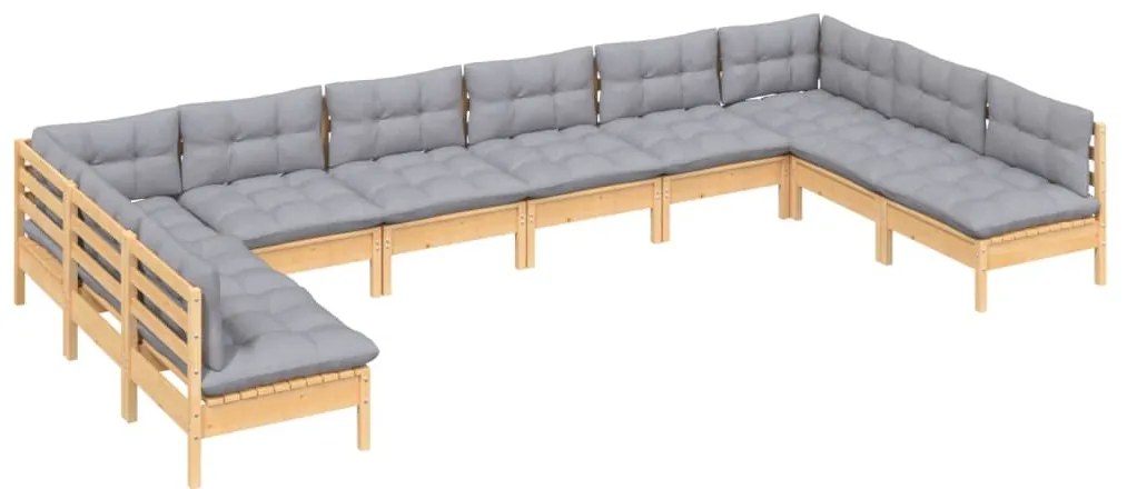 10pcs conjunto lounge de jardim + almofadões cinza pinho maciço