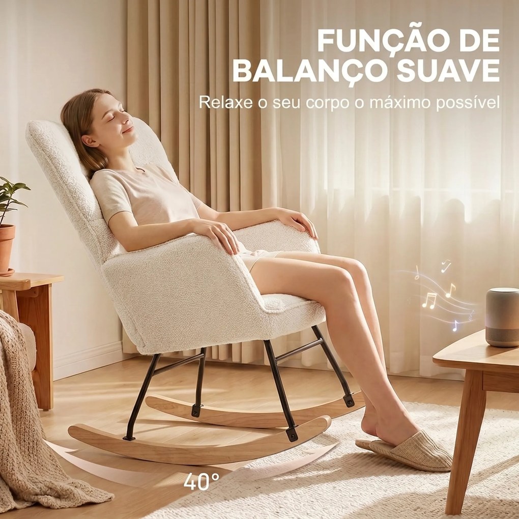 Poltrona Baloiço em Borrego com Oscilação de 40° Pés de Madeira de Faia e Estrutura de Aço 71x98x101 cm Bege