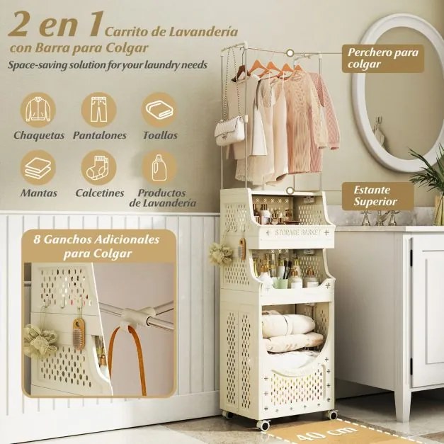 Carrinho para roupa suja 40 x 30 x 158 cm de 4 níveis com barra para pendurar com 2 cestos 8 ganchos bege