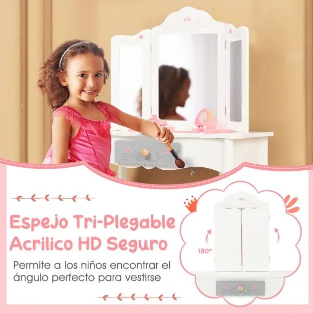 Conjunto de Toucador para Crianças 2 em 1 Mesa de Maquilhagem com Banco e Espelho Triplo Extraível para Rapazes Raparigas 3+ Anos 60 x 33 x 98,5 cm Br
