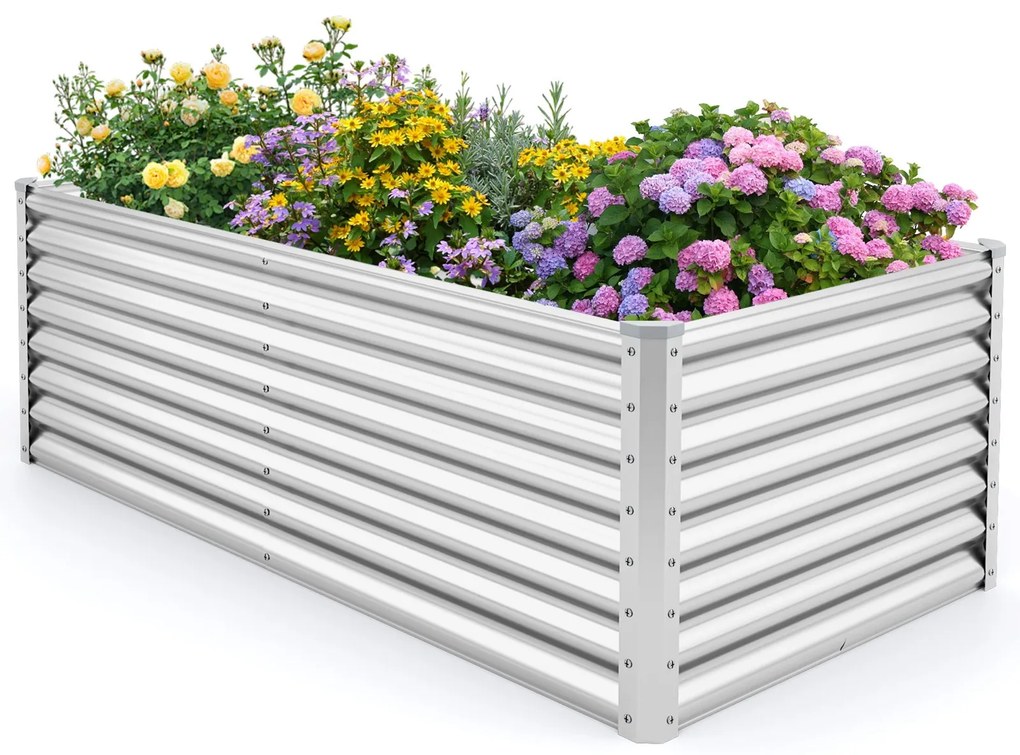 Floreira elevada de metal retangular com varas reforçadas e fundo aberto, 180 x 95 x 60 cm, prateada