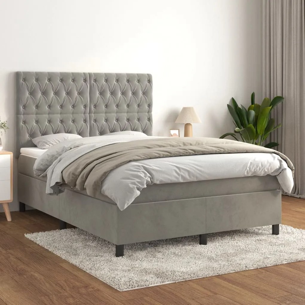 vidaXL Cama com molas/colchão 140x190 cm veludo cinzento-claro