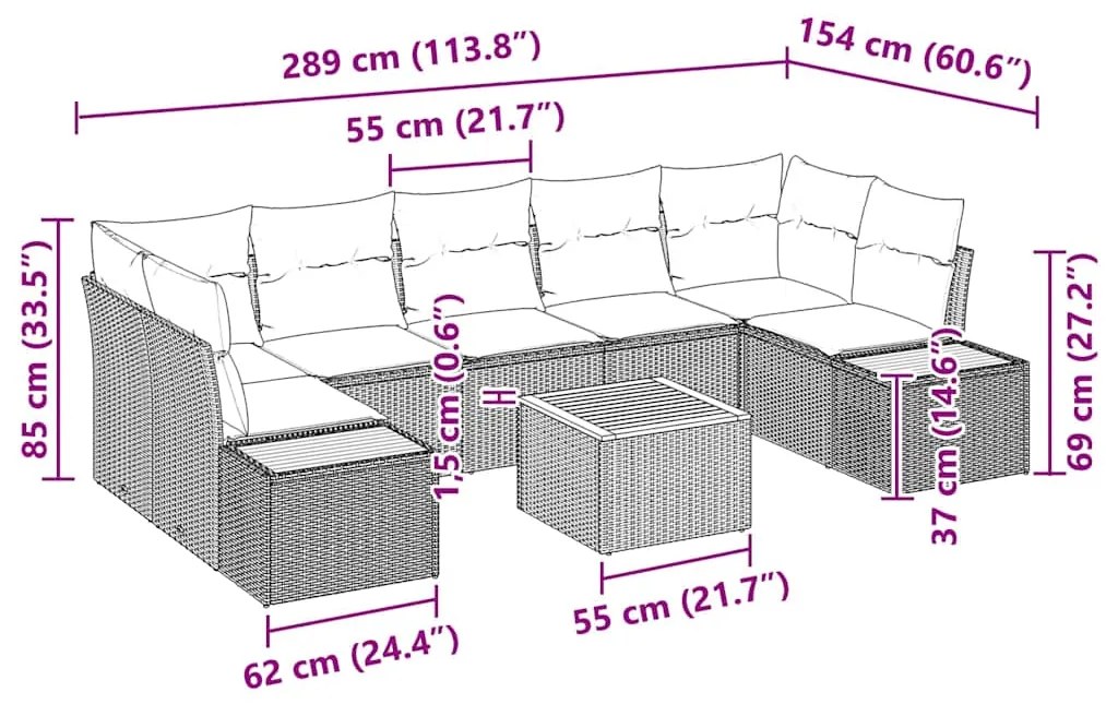 Conjunto de Sofá para Jardim com 8 Peças e Almofadas Bege em Rattan Si