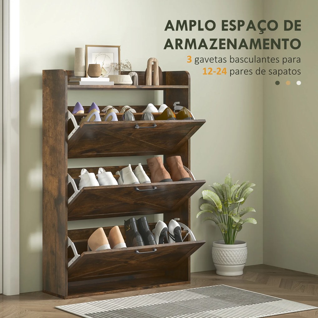 Sapateira de 3 Portas com Prateleiras Ajustáveis Estilo Industrial para 24 Pares de Sapatos 80x24x118 cm Castanho Rústico