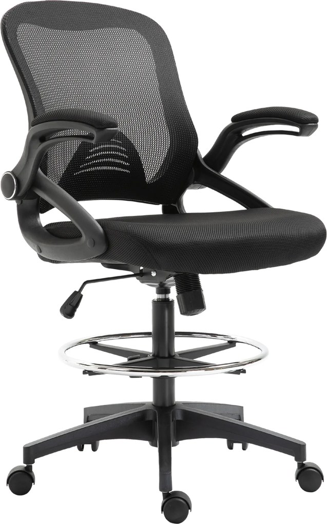 Cadeira de escritório ergonómica, com apoio para os pés com encosto em malha, altura ajustável, braços, assento almofadado e giratório a 360°, preta