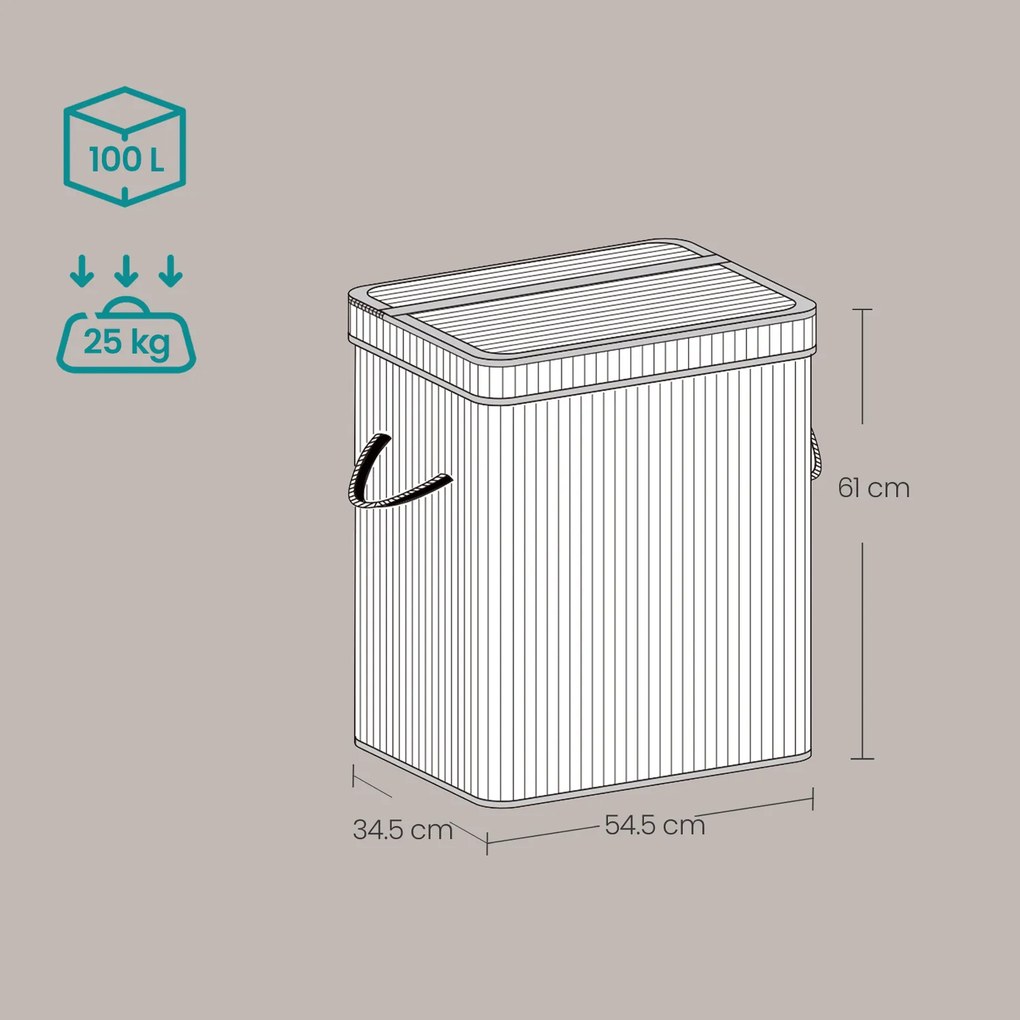 Cesto para roupa suja em bambu de 34,5 x 54,5 x 61 cm branco