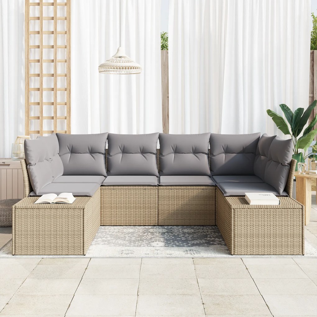 Conjunto de Sofás de Jardim de 6 Peças com Almofadas Bege Rattan PE