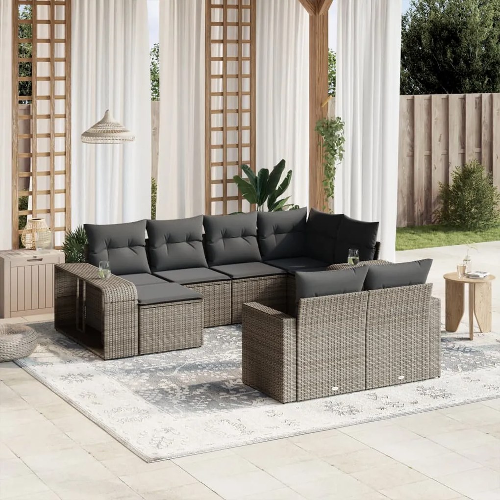 10 pcs conjunto sofás de jardim c/ almofadões vime PE cinzento