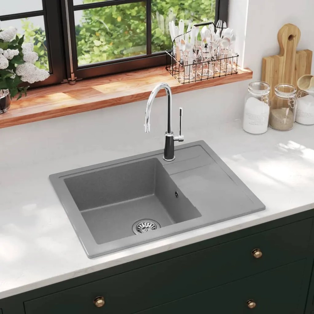 147102 vidaXL Lava-louça cozinha orifício extravasamento oval granito cinza