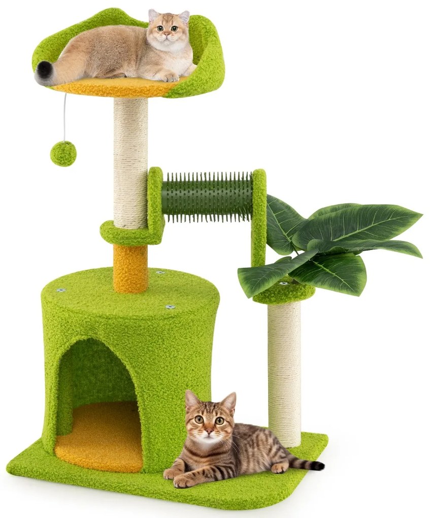 Árvore para gatos em forma de palmeira com folhas artificiais, postes de sisal, escova com pompons verde e laranja