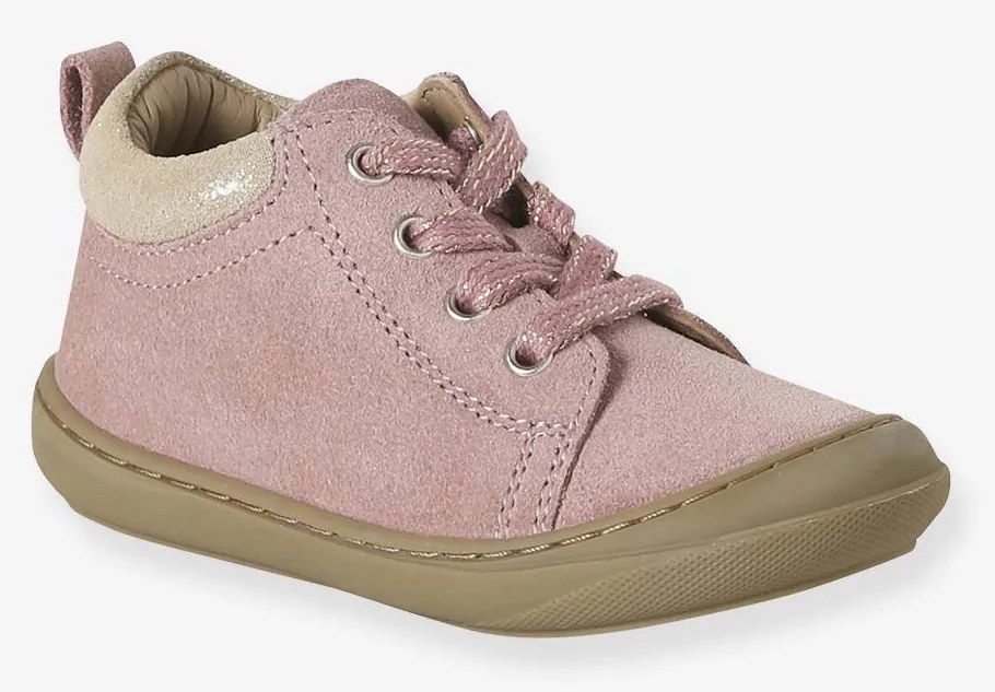 Botins com atacadores em pele macia primeiros passos. para bebé  rosa