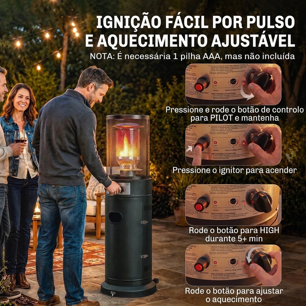 Aquecedor de Gás para Pátio 11 kW Estufa de Exterior Portátil a Propano com Grelha de Proteção e Sistema Antitombo Preto