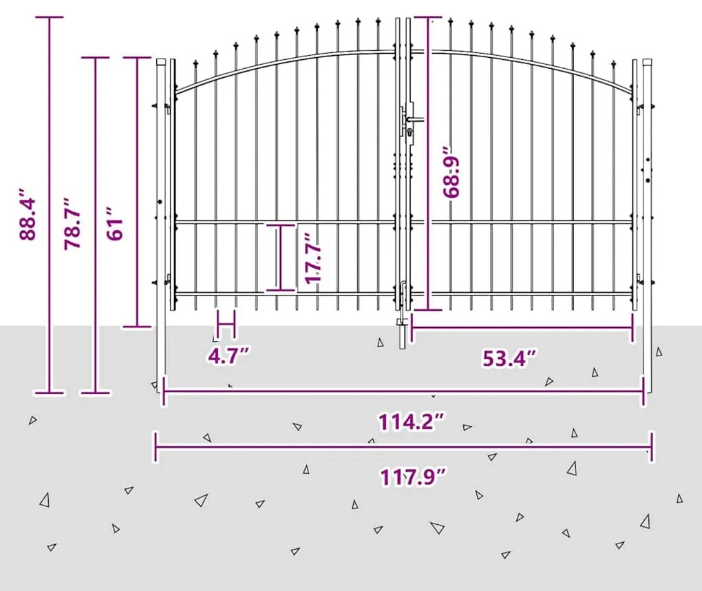 Portão de Jardim com Topo em Lança Dupla Abertura Cinza 175x300 cm Aço