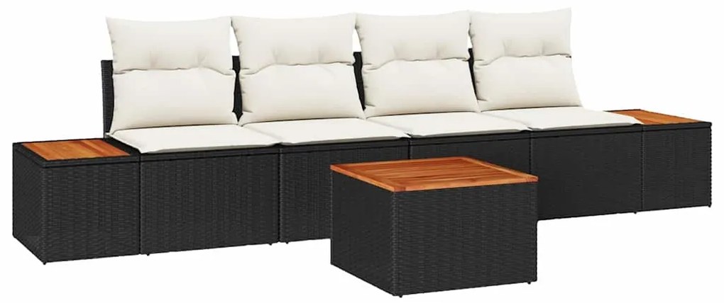 Conjunto de Sofá de Jardim de 5 Peças com Almofadas Preto Rattan PE Ac