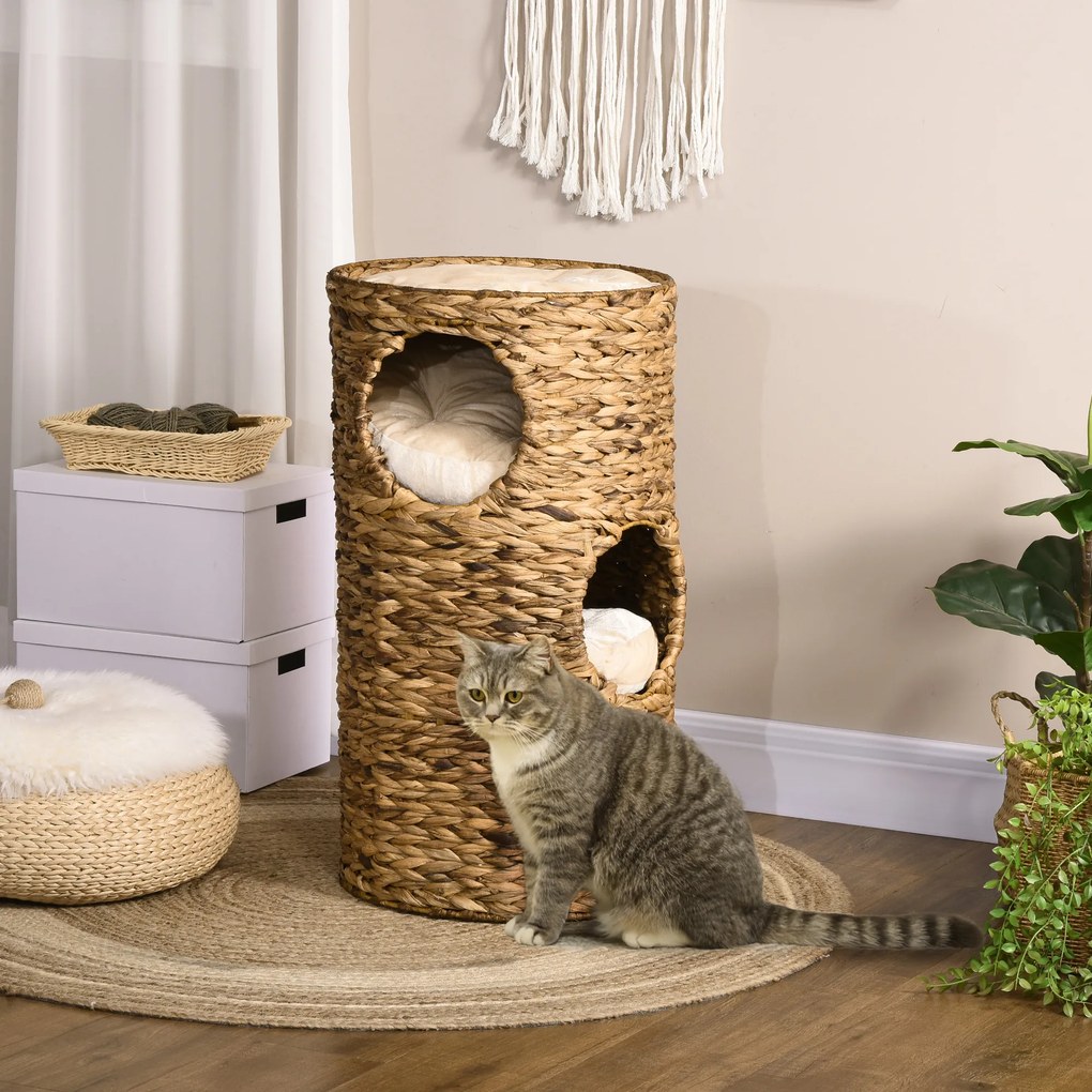 Torre de Arranhar para Gatos com 3 Níveis, 40 x 40 x 73 cm, 3 Esconderijos Acolhedores, Castanho-claro