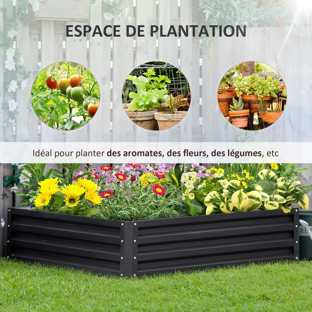 Floreira de horta quadrada em aço galvanizado, 120 x 120 x 30 cm, cinzento