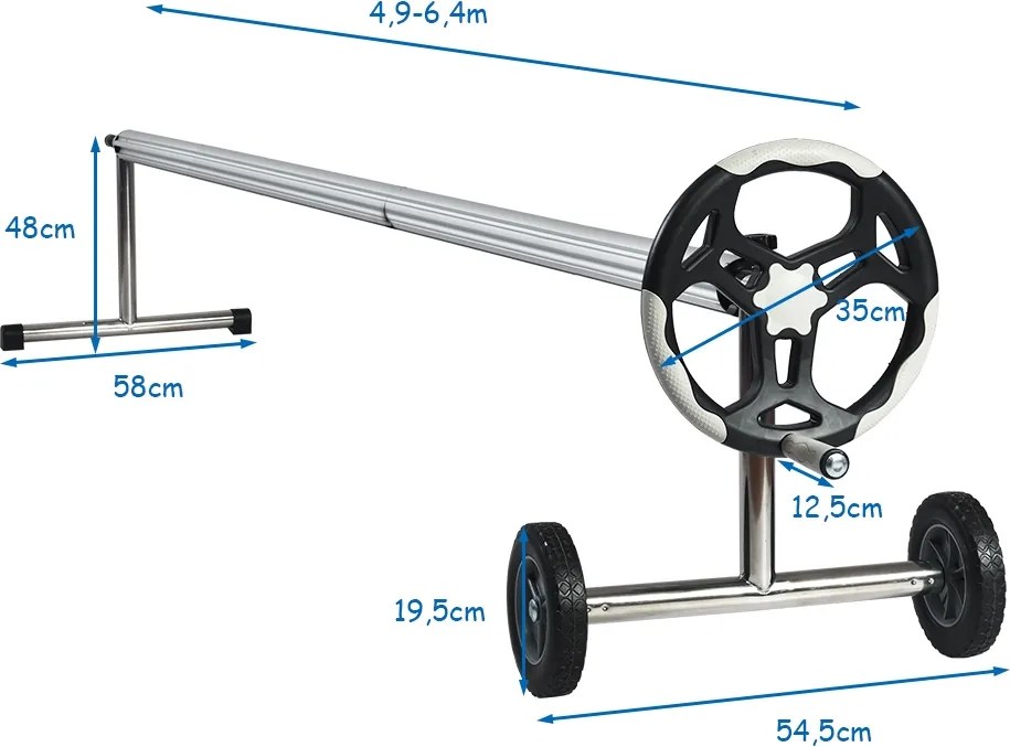 Conjunto de rolo para coberturas de piscinas (COBERTURA NÃO INCLUIDA) em alumínio com manivela e rodas 4,8 - 6,4 m Prateado