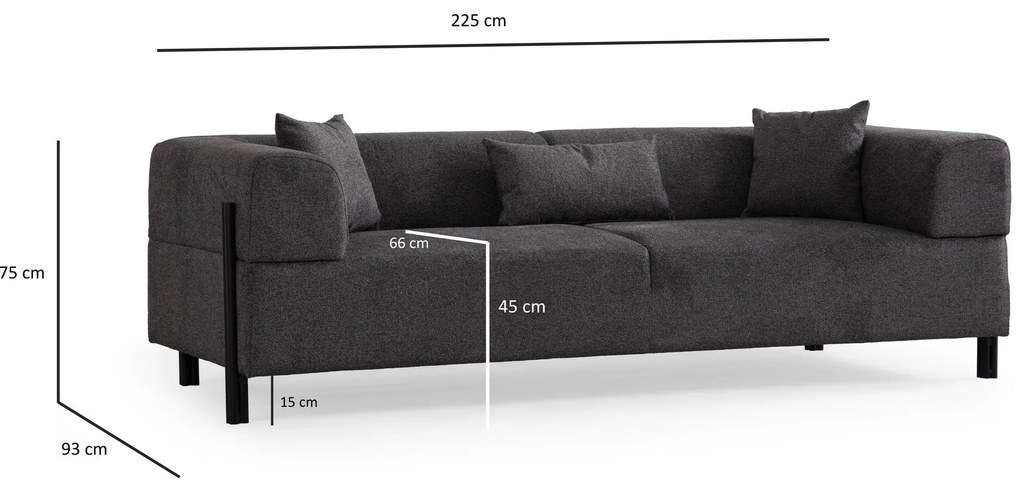 Sofá de 3 Lugares Gio – Antracite – 225x93x75 cm