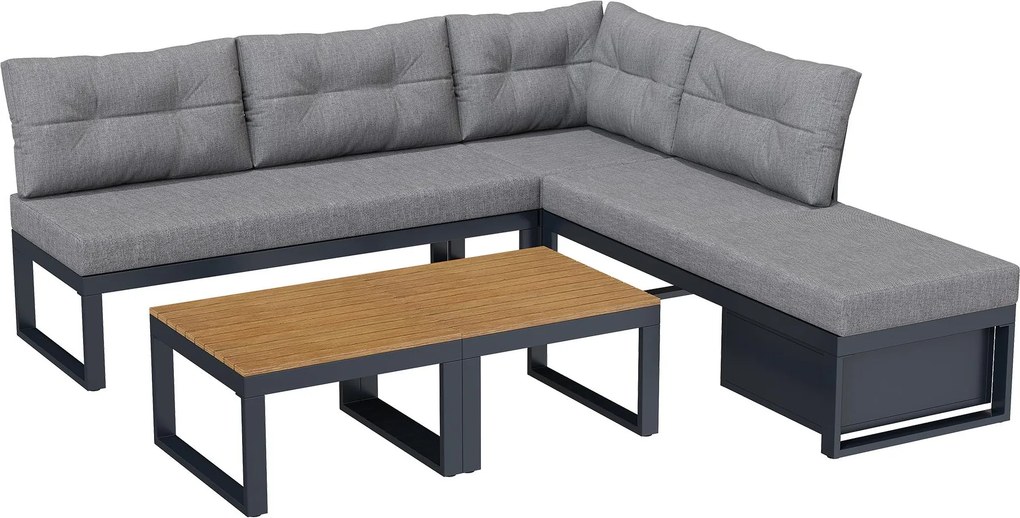 Conjunto de móveis de jardim com encostos reguláveis e função de espreguiçadeira, arrumação escondida, para terraço, varanda e jardim, Cinzento escuro| AOSOM Portugal