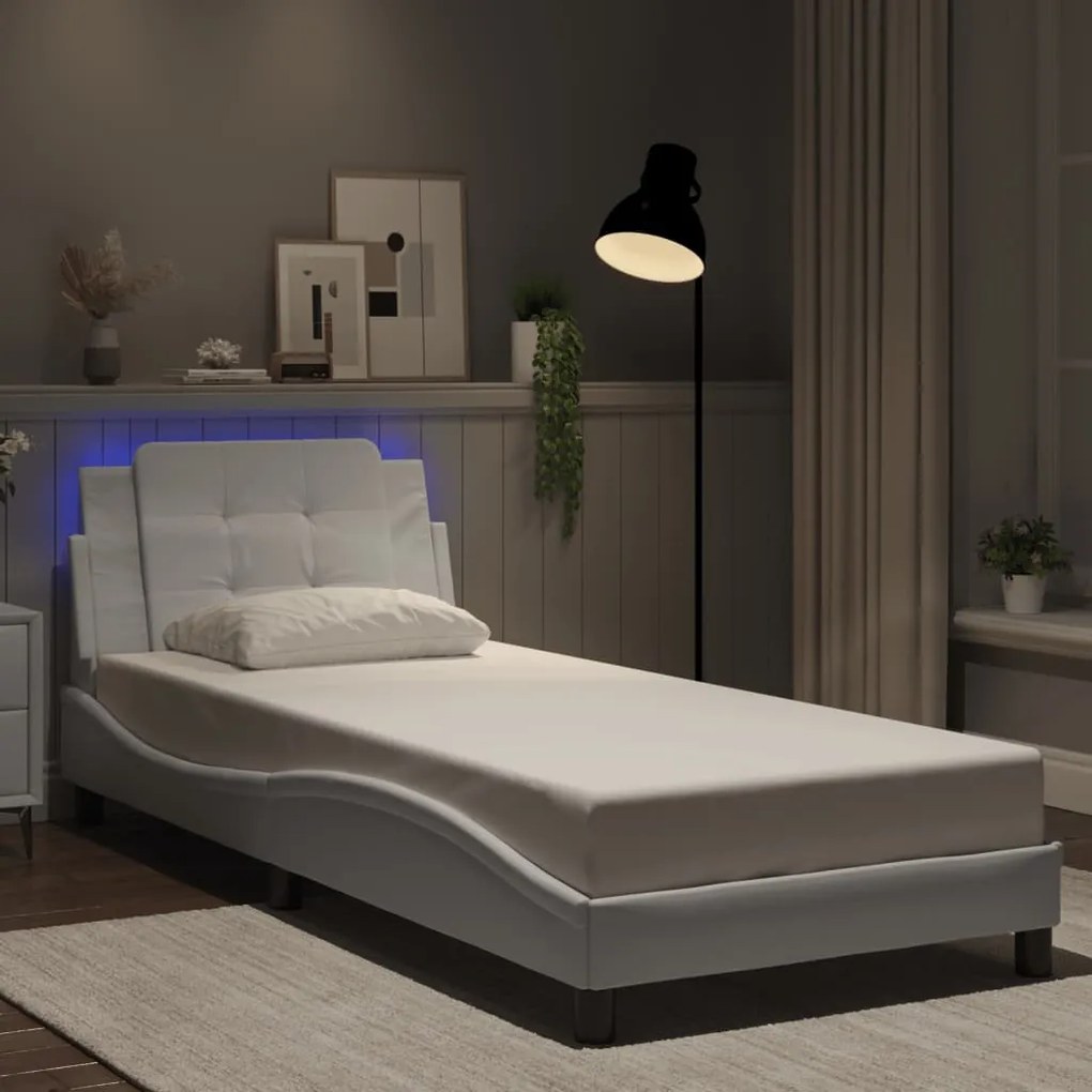vidaXL Estrutura de cama c/ luzes LED 90x190cm couro artificial branco
