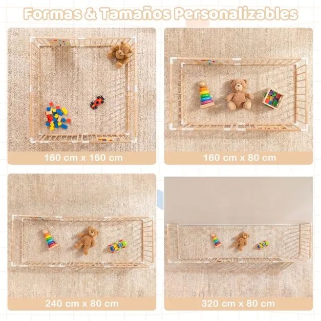 Parque infantil Bebe Madeira 160 x 160 x 61,5 cm com brinquedos Montessori, porta bidirecional, fecho de segurança e forma ajustável, natural