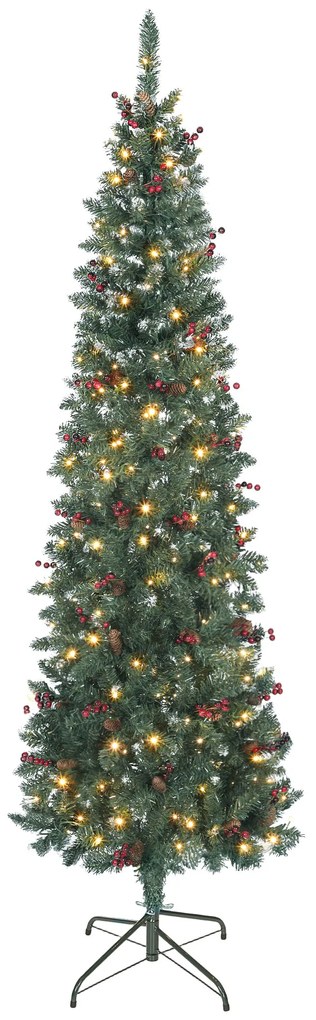 HOMCOM Árvore de Natal Slim 210 cm com Luzes LED 8 Modos de Iluminação 656 Ramos com Purpurina Prateada Pinhas e Bagas Verde
