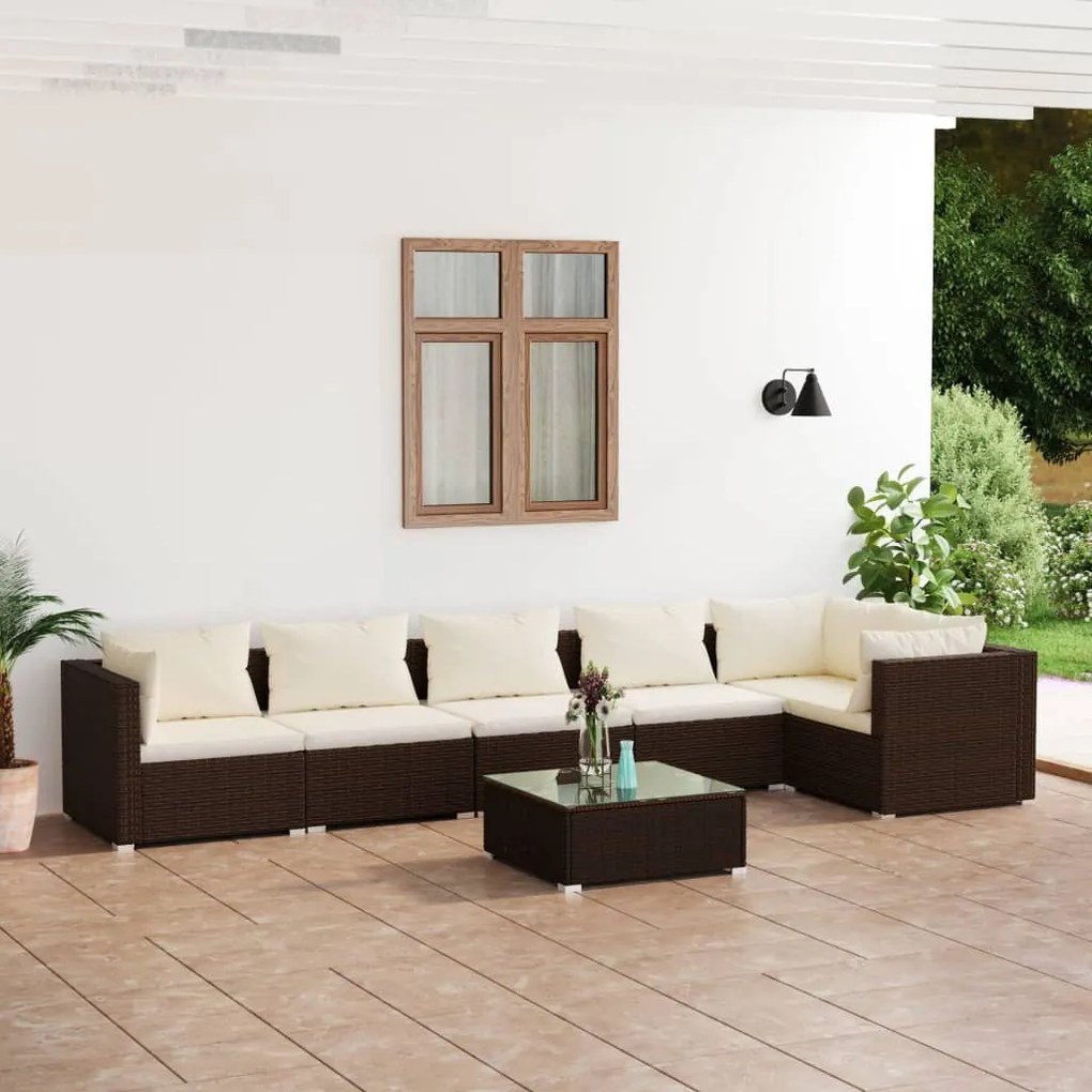 vidaXL 7 pcs conjunto lounge jardim c/ almofadões vime PE castanho