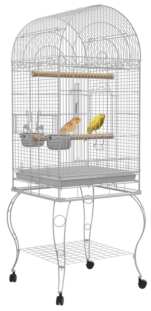 Gaiola para Pássaros com Rodas Bandeja Amovível Prateleira 2 Comedouros de Aço Inoxidável e Poleiro 51x51x153 cm Branco