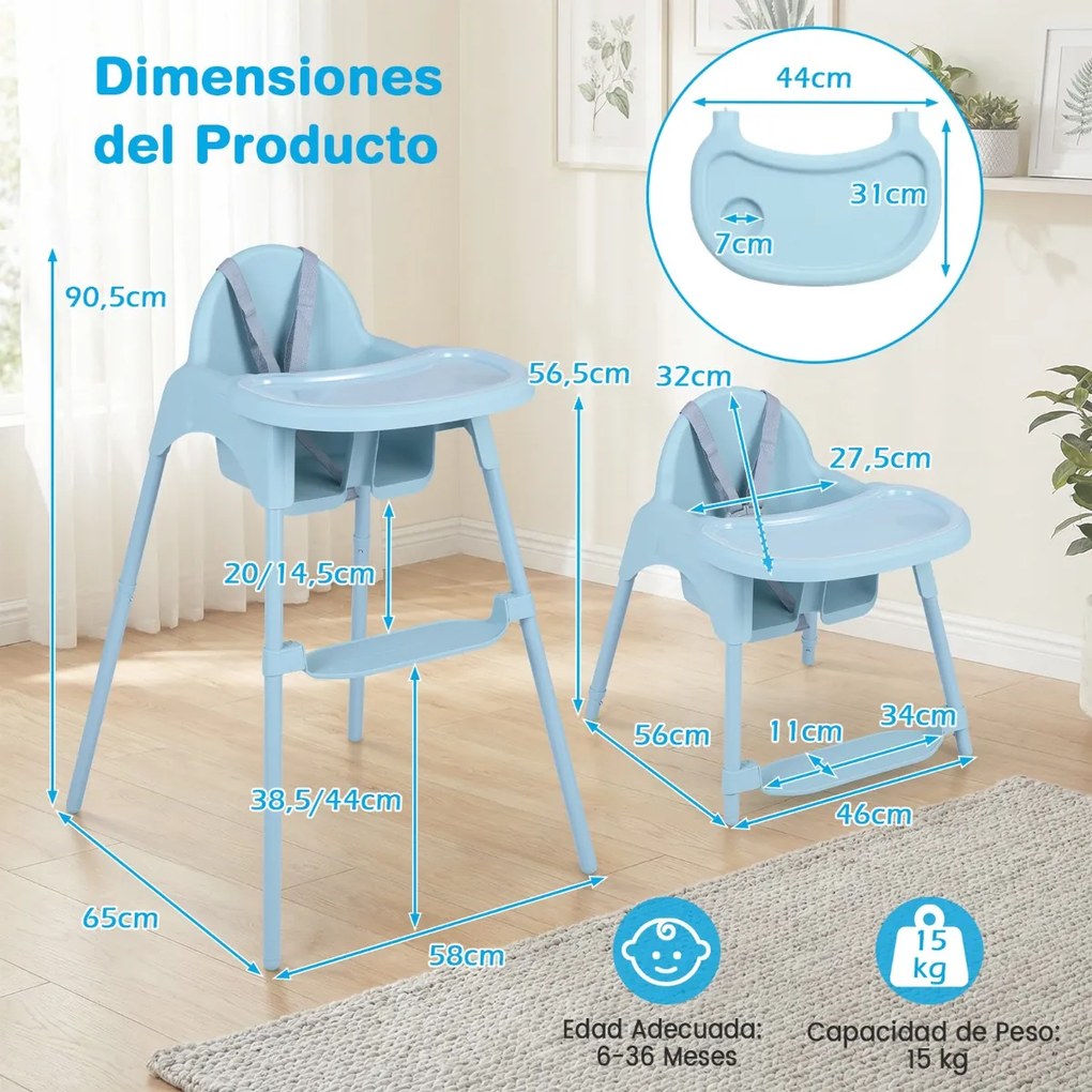 Cadeira refeição alta conversível 4 em 1 para bebés 2 alturas comTabuleiro duplo removível Arnês de 5 pontos Apoio para os pés Fácil de limpar 6-36 me