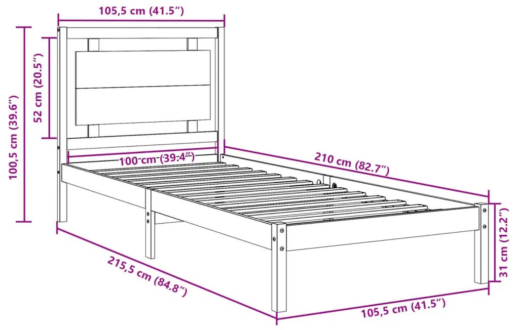 Cama extra longa sem colchão 100x210 cm madeira maciça