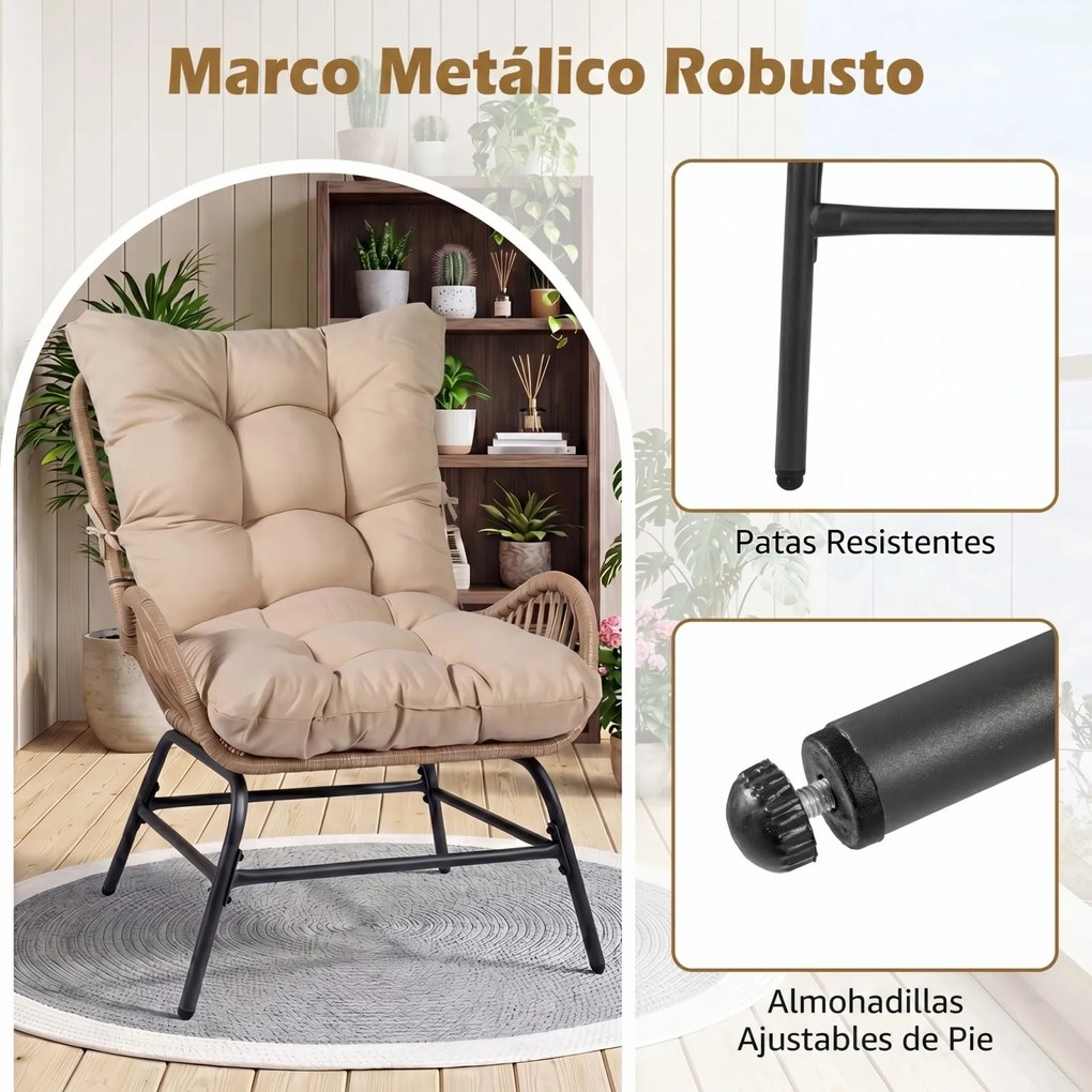 Cadeira de jardim em rattan com almofada removível, encosto alto, braços e Estrutura metálica para terraço, pátio ou varanda, com capacidade para 170