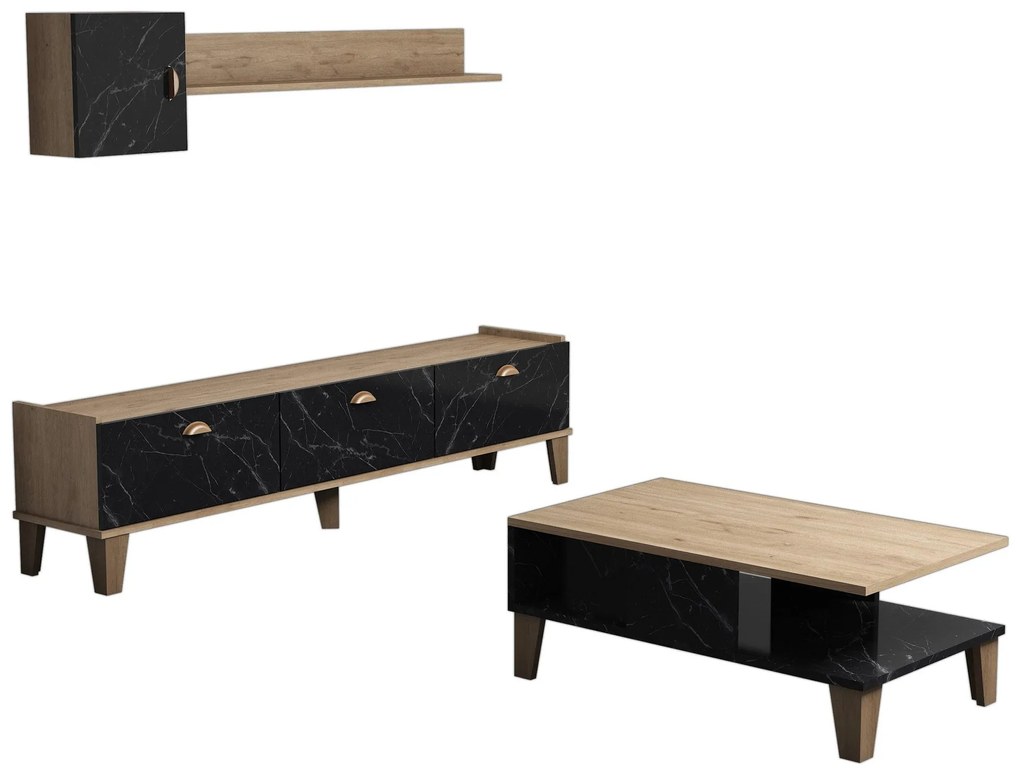 Conjunto de Mobiliário de Sala de Estar Sumer – Carvalho e Mármore – T