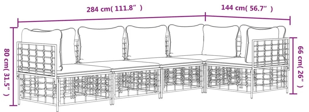 5 pcs conjunto lounge de jardim c/ almofadões vime PE antracite