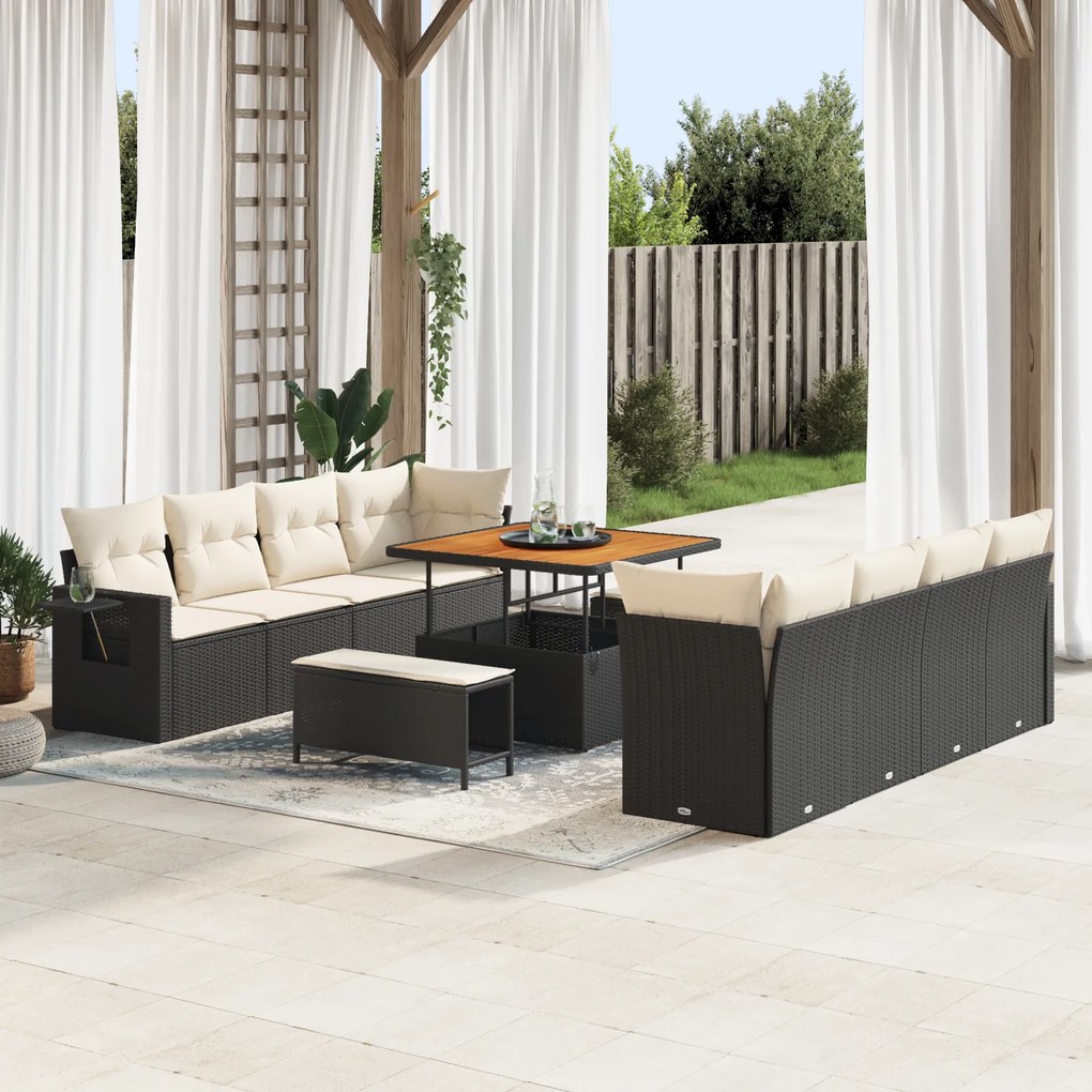 Conjunto de Sofá de Jardim de 11 Peças com Almofadas Preto Rattan Poli