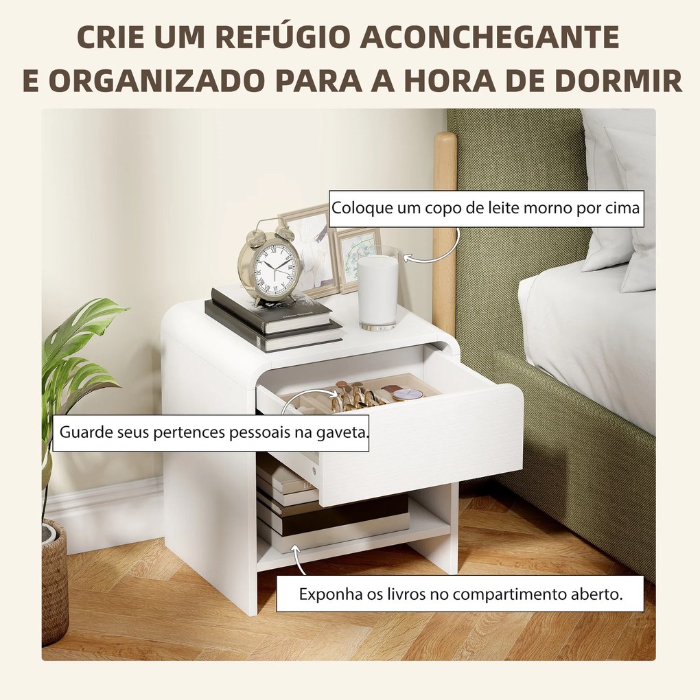 Conjunto de 2 Mesas de Cabeceira Nórdicas com Cantos Arredondados, Gaveta e Prateleira Aberta 40x35x45 cm Branco