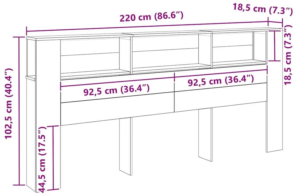 Cabeceira Cabinet vidaXL Preto Carvalho 220x18,5x104,5 cm