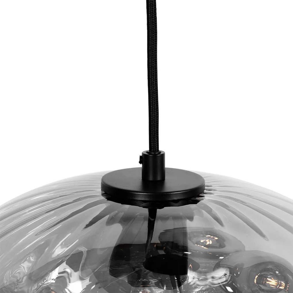 Candeeiro de suspensão Art Deco preto com vidro fumê redondo 3-luzes - Ayesha Art Deco