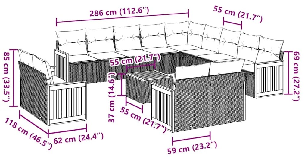 14 pcs conjunto de sofás p/ jardim c/ almofadões vime PE preto