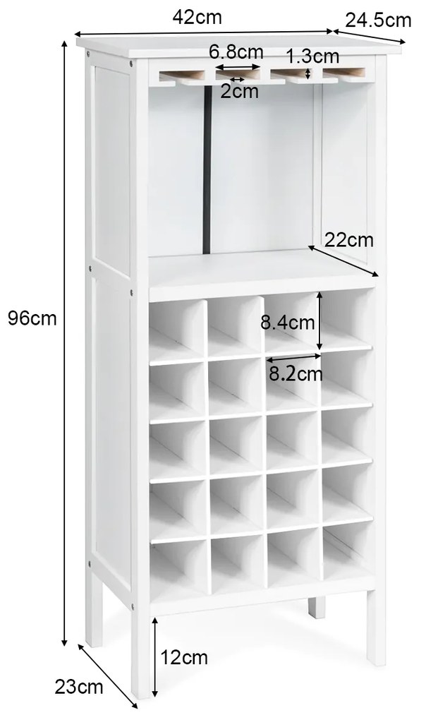 Garrafeira Porta-Vinhos para 20 Garrafas com Porta copos Pinho Madeira 24,5 x 42 x 96 cm Branco