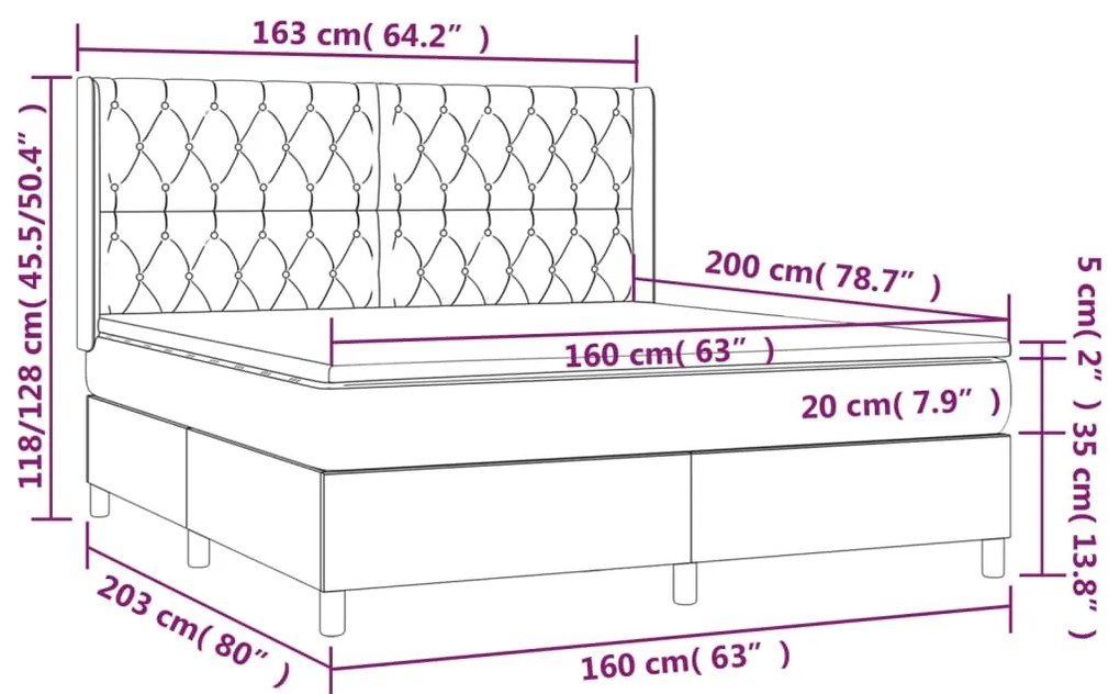 Cama box spring c/ colchão/LED 160x200 cm veludo preto