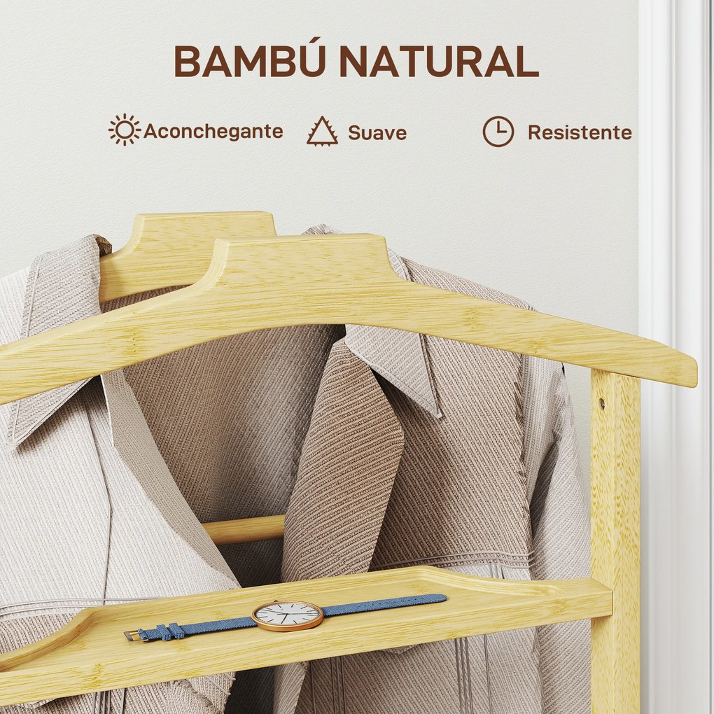 Cabide de Pé de Bambu Cabide com Rodas Suportes para Roupas Barras para Calças Bandeja e Sapateira 47x33,7x105,5 cm Madeira