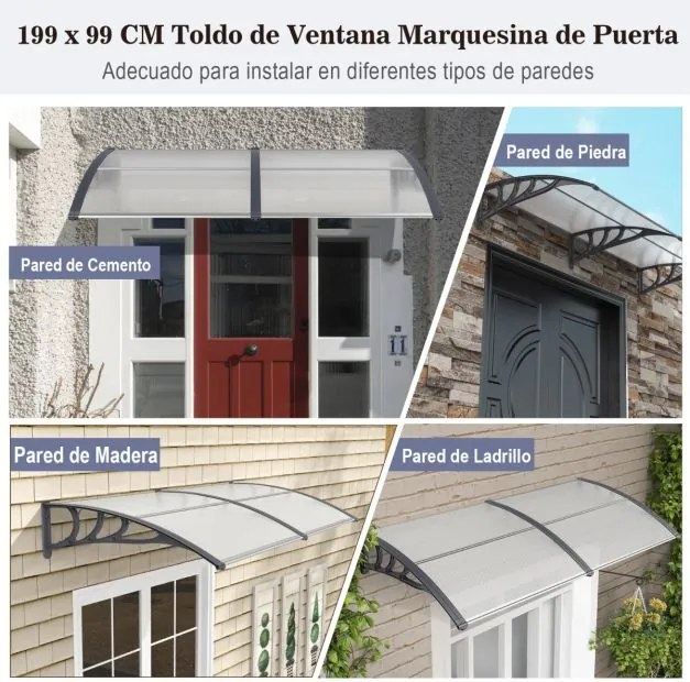 Toldo para janela ou portas 199 x 99 x 28 cm Proteção solar Chuva Neve Vento em Policarbonato e Alumínio Cinza