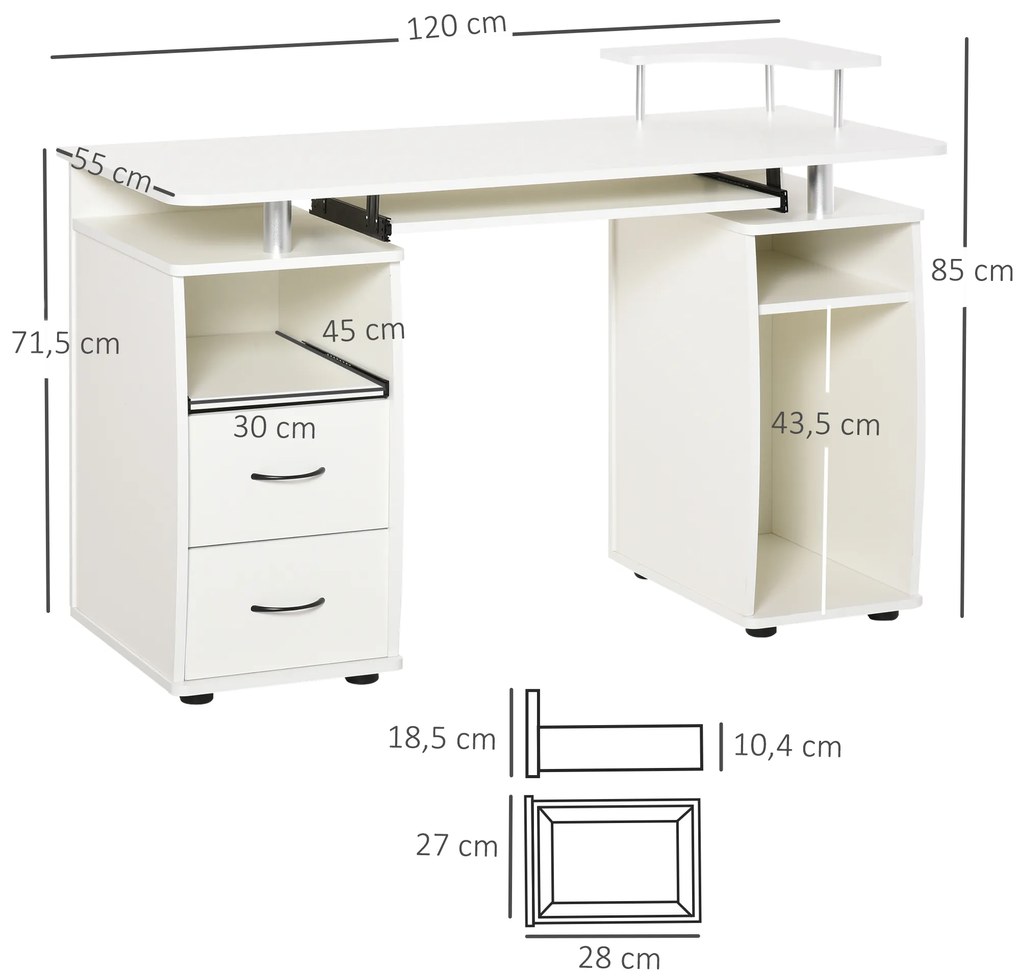 HOMCOM Secretária para computador Mesa para PC com prateleiras múltiplas Bandeja de teclado Suporte para CPU e 2 gavetas 120x55x85 cm branco