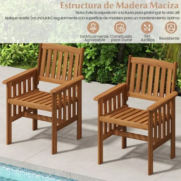 Conjunto de 2 cadeiras de jardim para exterior em madeira maciça, com encosto inclinado e assento em ripas, para varanda, pátio, terraço ou piscina Na