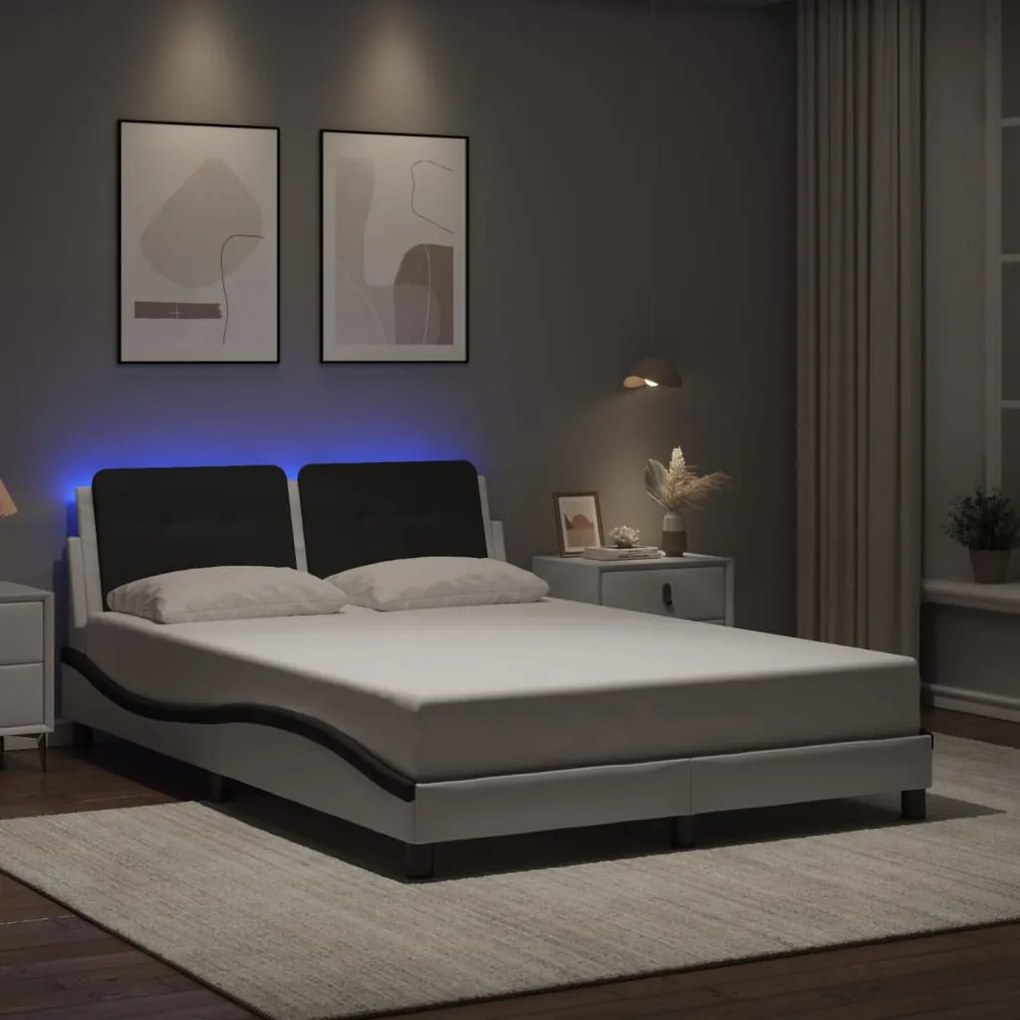 Estrutura cama c/ luzes LED 140x200cm couro artif. branco/preto