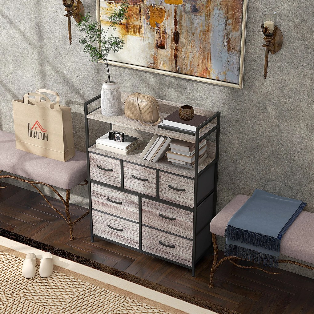 Cómoda com 7 gavetas em tecido, dobráveis e removíveis 79 x 29 x 101 cm, e prateleiras abertas, cinzenta