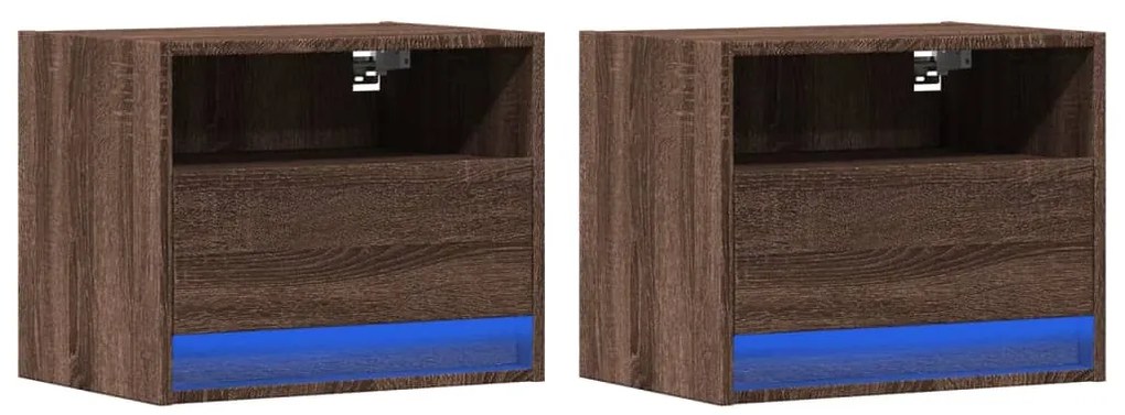 Mesas cabeceira de parede c/ luzes LED 2 pcs carvalho castanho