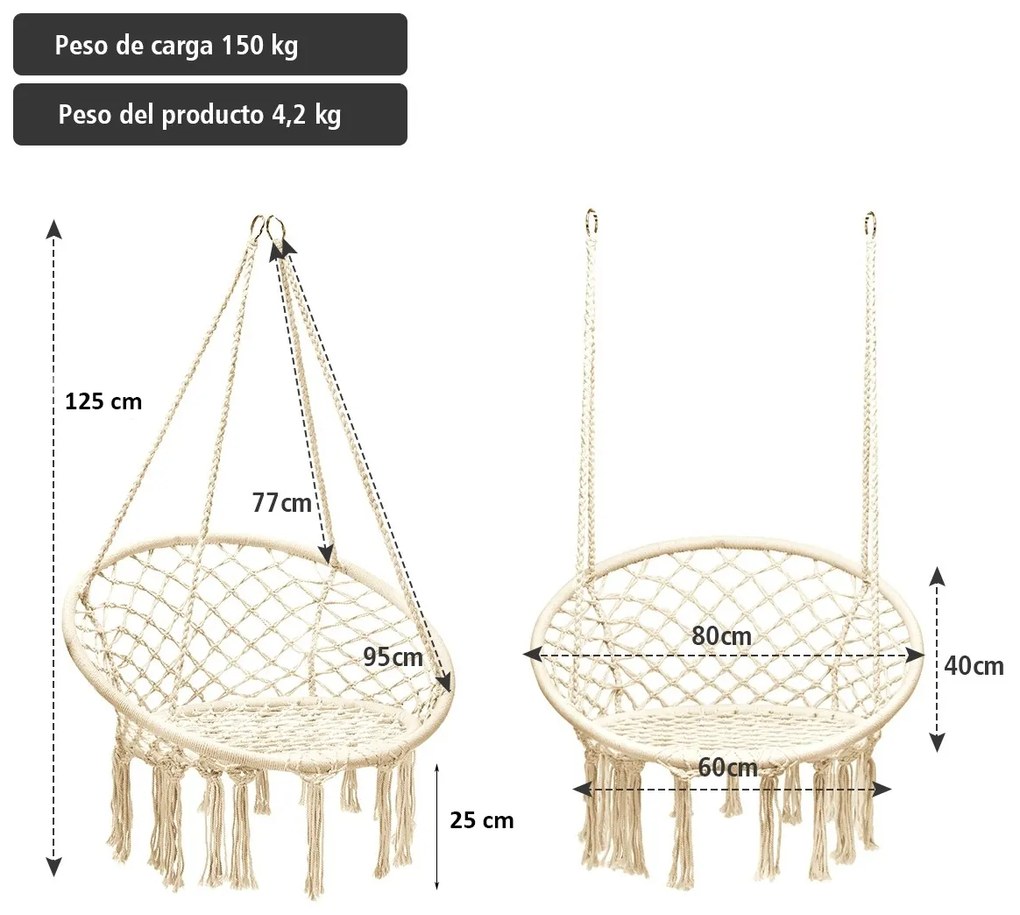 Cadeira de rede pendurar em algodão e aço com borlas Cadeira de rede até 150KG para Jardim Pátio Terraçõ Criança adulto 80 x 60 x 125 cm