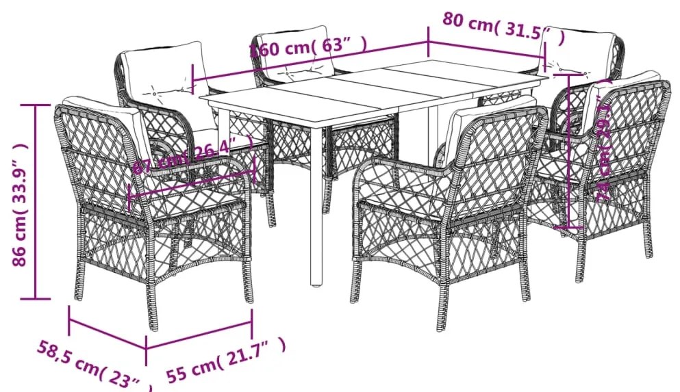 7 pcs conjunto de jantar p/ jardim com almofadões vime PE bege